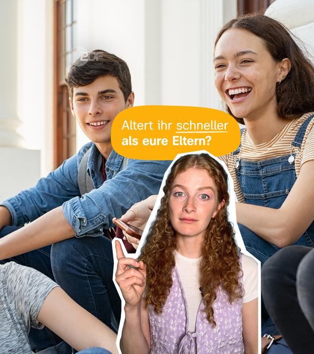 Eine Collage zeigt eine Frau, die nach oben zeigt, darüber steht altert ihr schneller als eure Eltern und im Hintergrund ist ein Foto von Jugendlichen zu sehen.