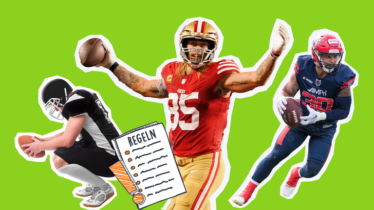 Drei Footballspieler auf grünem Hintergrund und ein Grafik-Regelzettel mit Ausrufezeichen