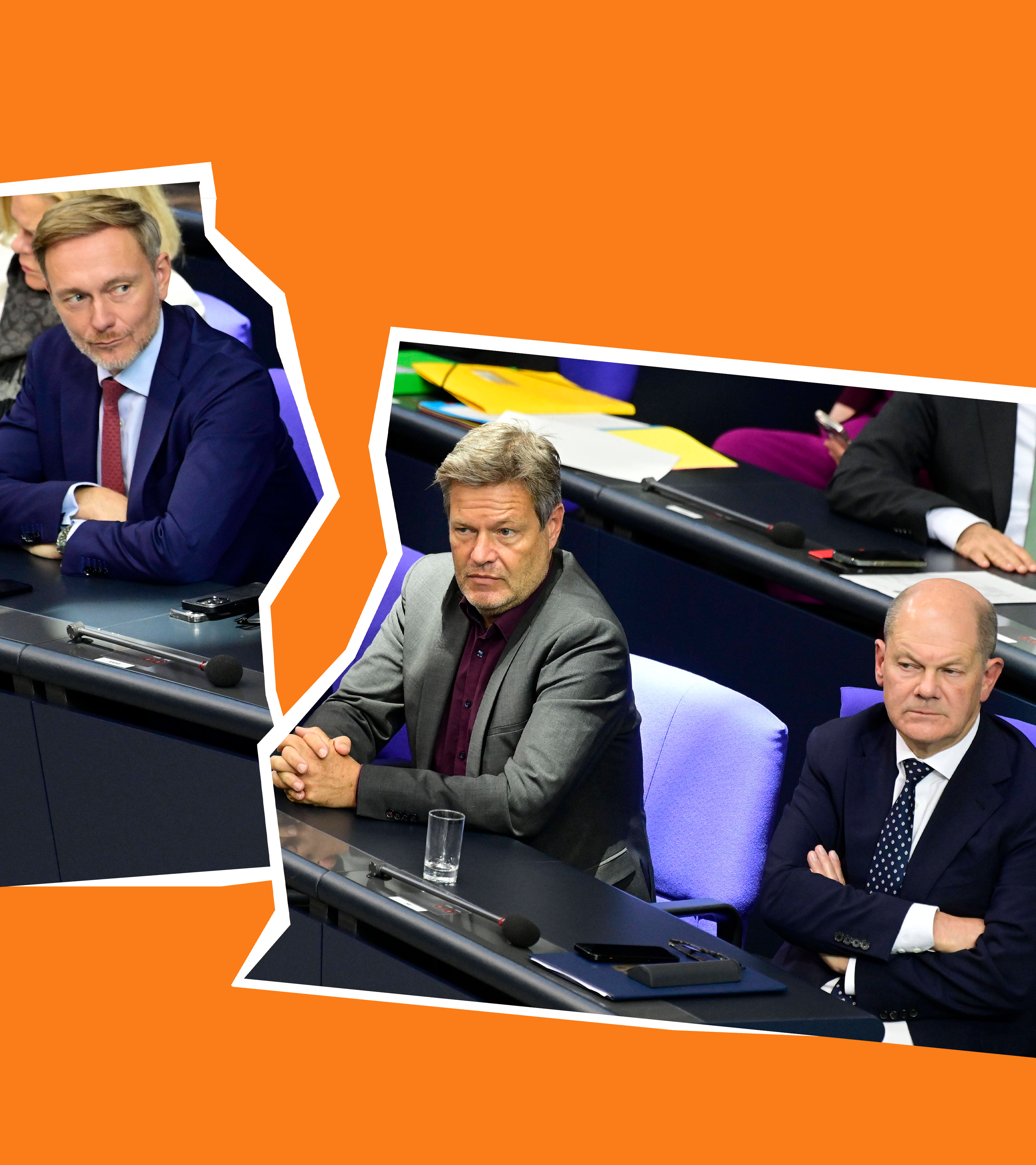 Christian Lindner, Robert Habeck und Olaf Scholz auf grafisch zerrissenem Foto.