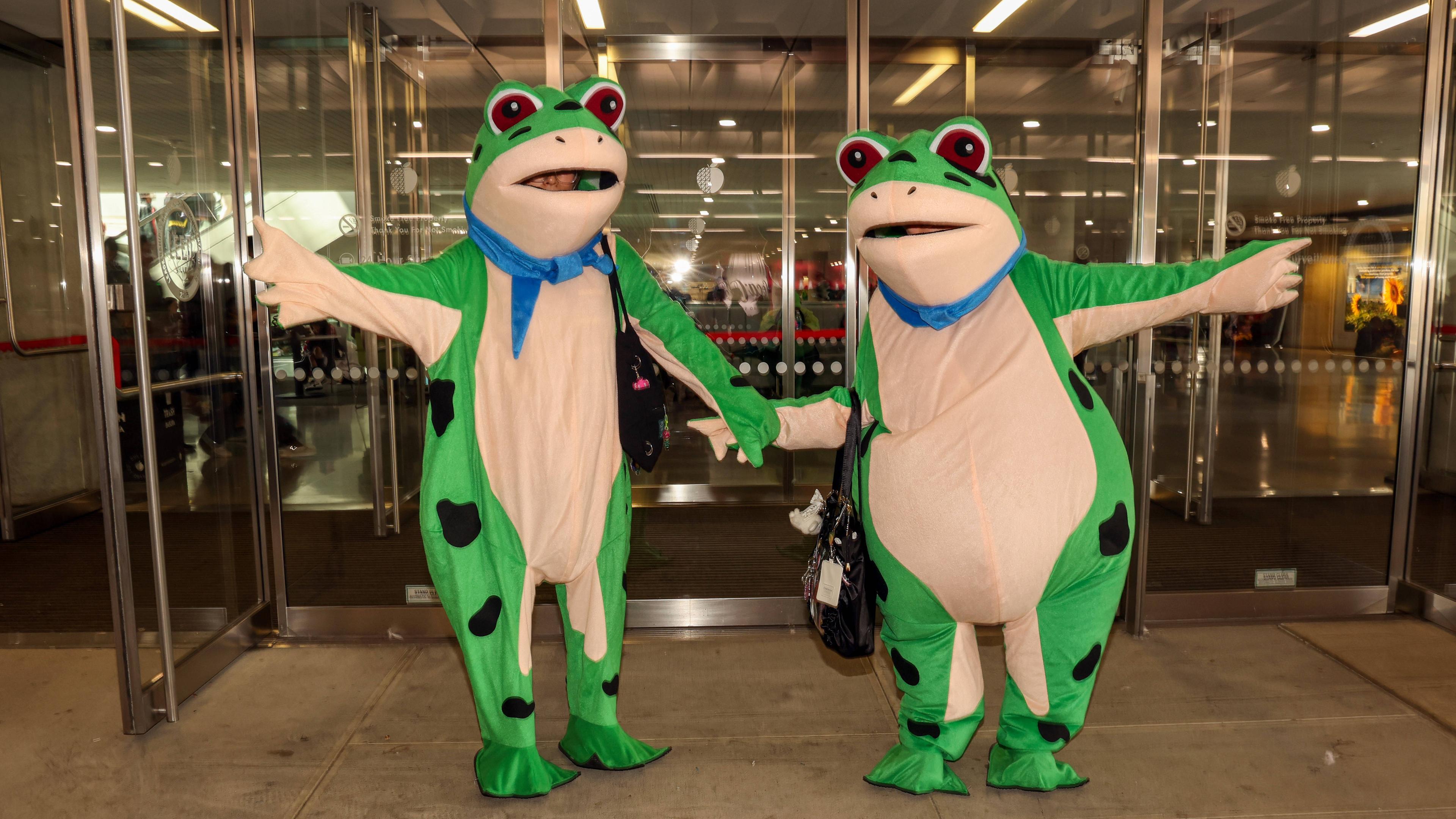 Die beiden Cosplayer Jane und June sind als Frösche verkleidet und reißen fröhlich die Hände in die Luft.