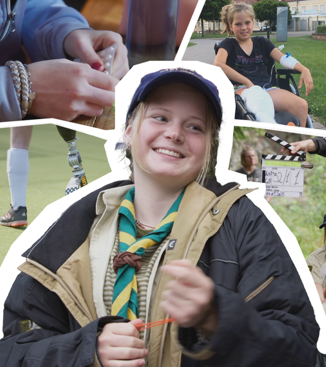 Ein junges Mädchen zwischen verschiedenen Bildern: Eine Beinprothese, eine Filmklappe, sie selbst im Rollstuhl und eine Tablettenpackung