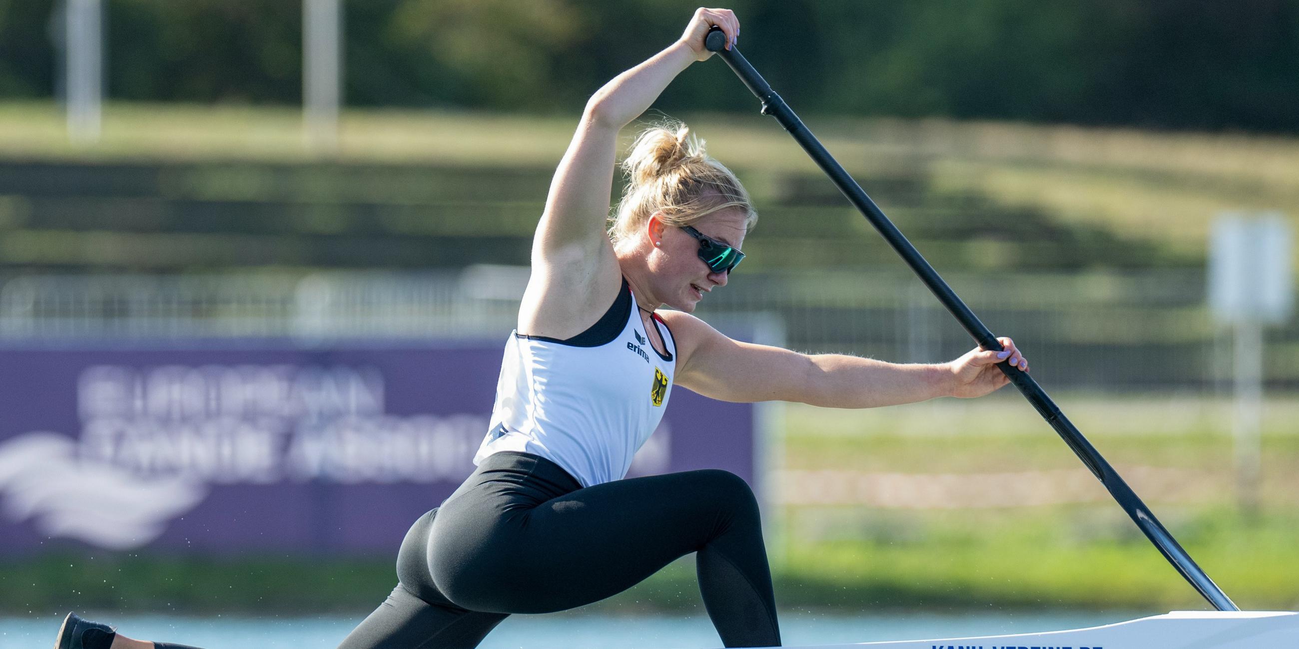 21.08.2022, Bayern, Oberschleißheim: Kanu: Europameisterschaft, Canadier-Einer, 5000m, Damen, Finale, Annika Loske aus Deutschland in Aktion.