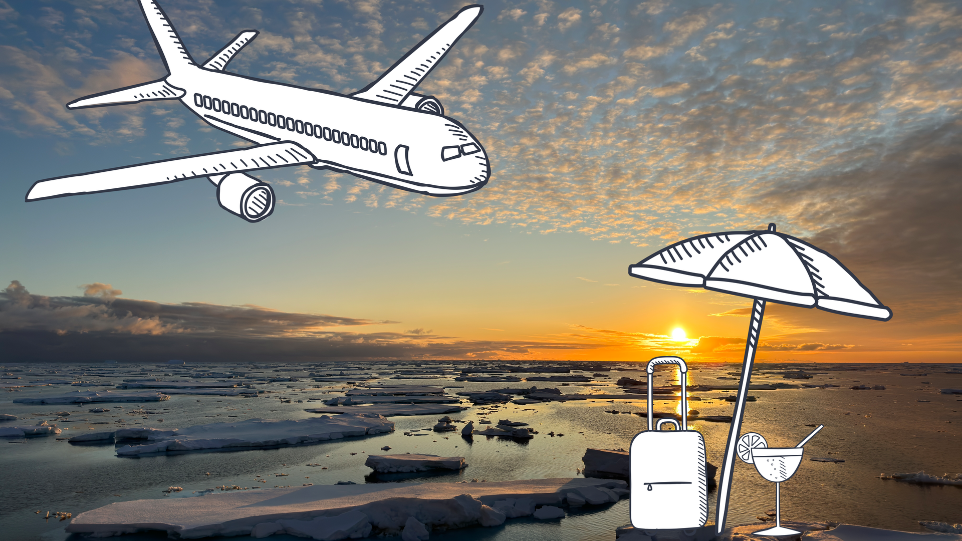 Flugzeug, Sonnenschirm und Cocktail in der Antarktis