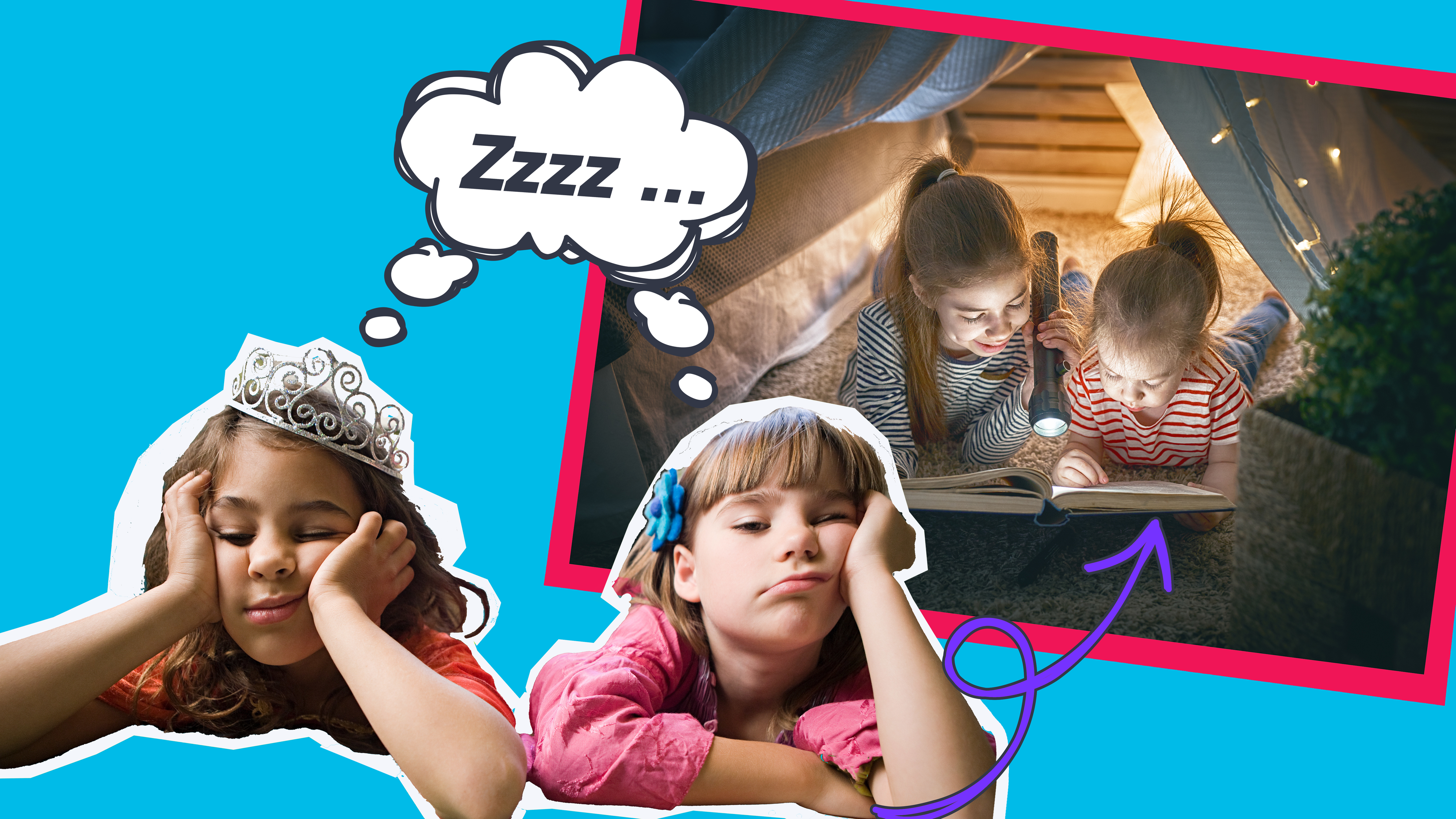 Zwei Kinder, die sich langweilen mit Zzzz-Gedankenblase und einen Pfeil zu einem Foto, wo beide im Wohnzimmer zelten und sich vorlesen.