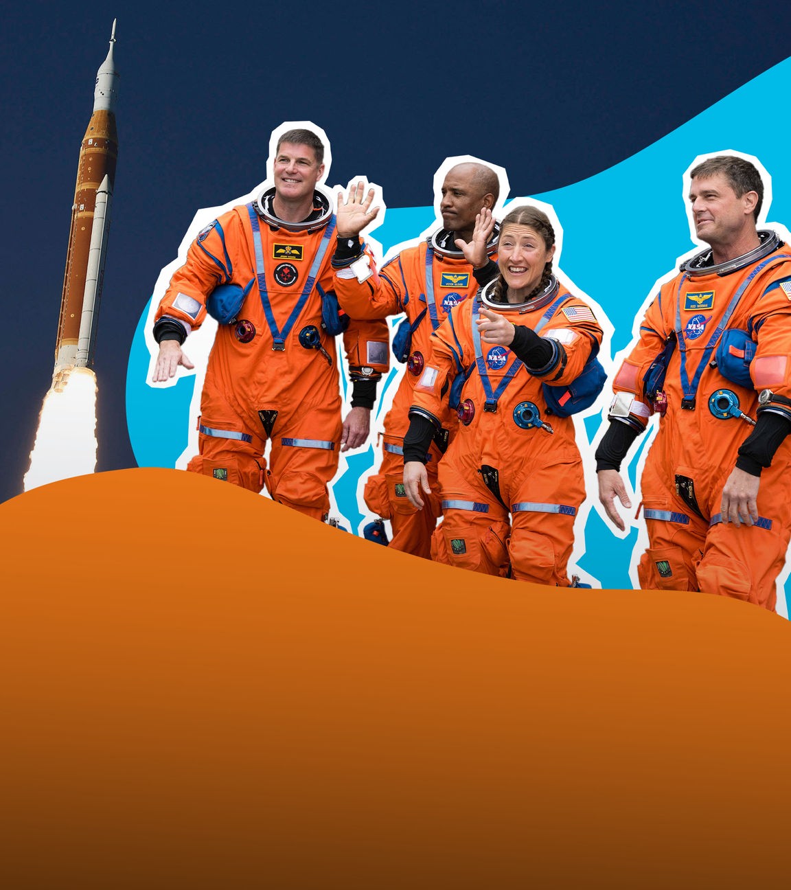 Astronauten der Artemis 2-Mission und eine startende Rakete