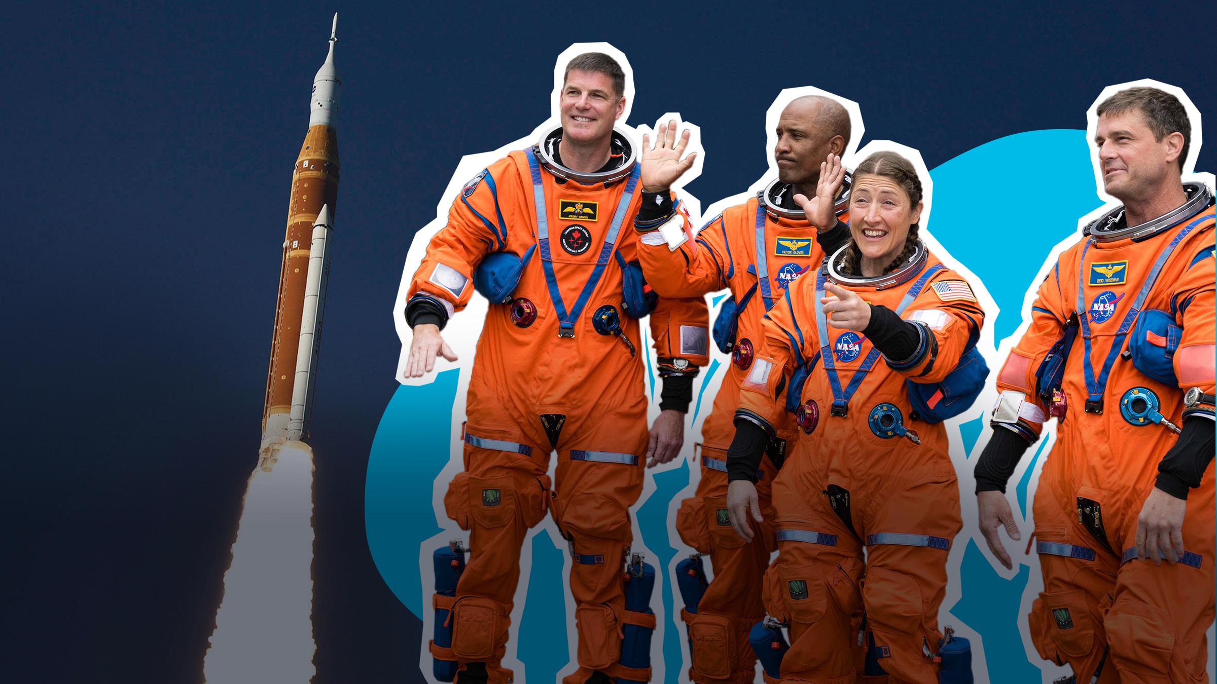 Astronauten der Artemis 2-Mission und eine startende Rakete