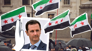 Syrische Flaggen, Bild von Assad, Hand davor