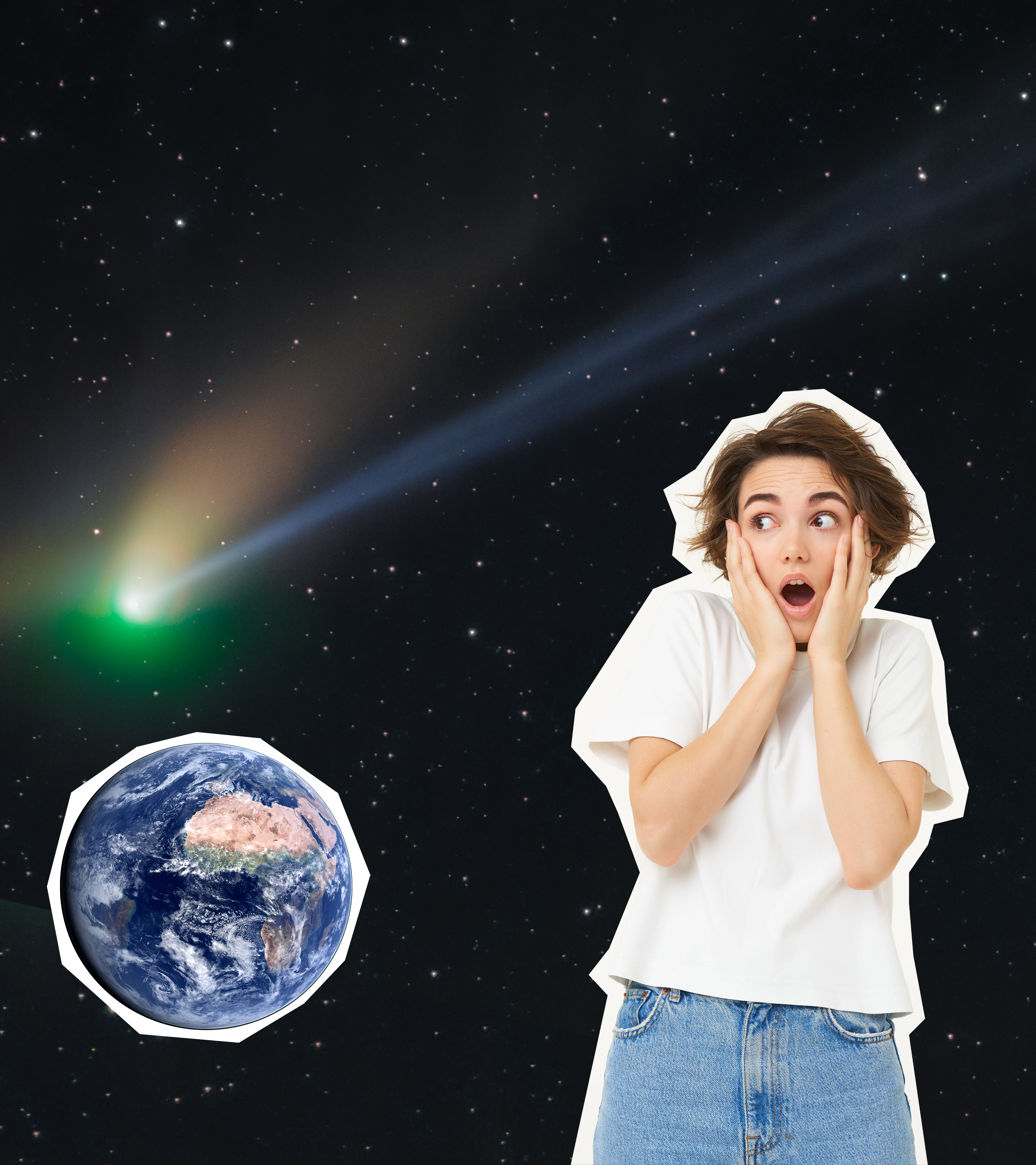 Ein Mädchen schaut erschrocken, im Hintergrund Asteroid und die Erde
