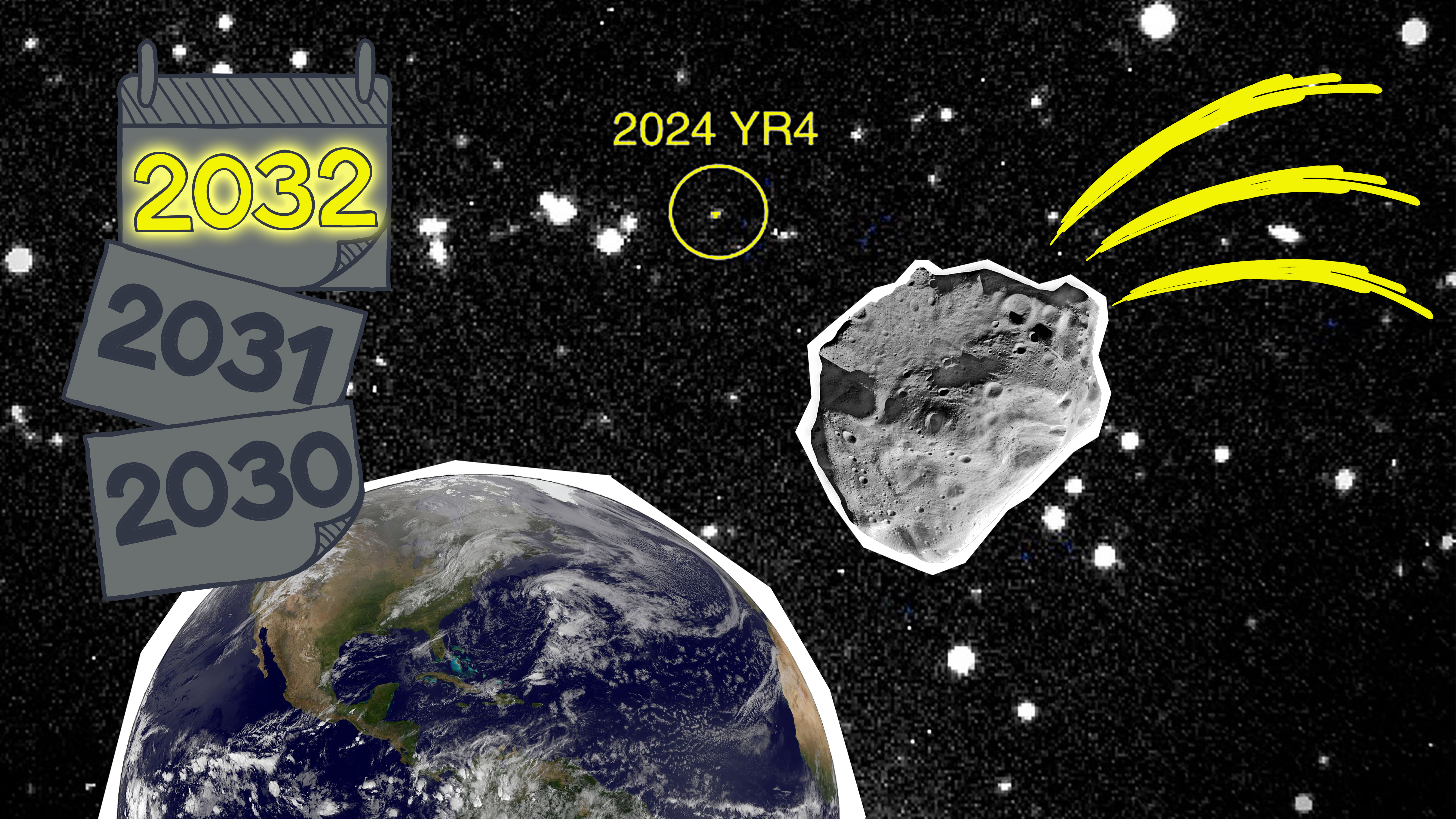 Ein Asteroid in einem Sternenfeld und als Gesteinsbrocken, dazu eine Grafik von einem Kalender.