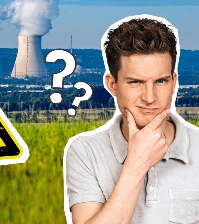 Titelbild für das Video zum Thema Atomkraft ja oder nein: ein Atomkraftwerk im Hintergrund und Tim Schreder mit skeptischem Blick im Vordergrund, neben ihm das Symbol für Radioaktivität.