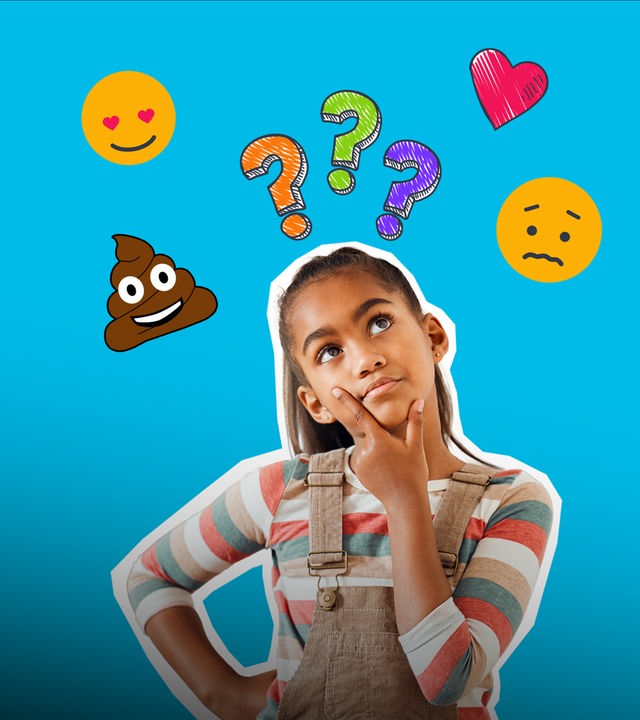 Mädchen überlegt vor blauem Hintergrund, über ihr bunte Fragezeichen, daneben unterschiedliche Emojis