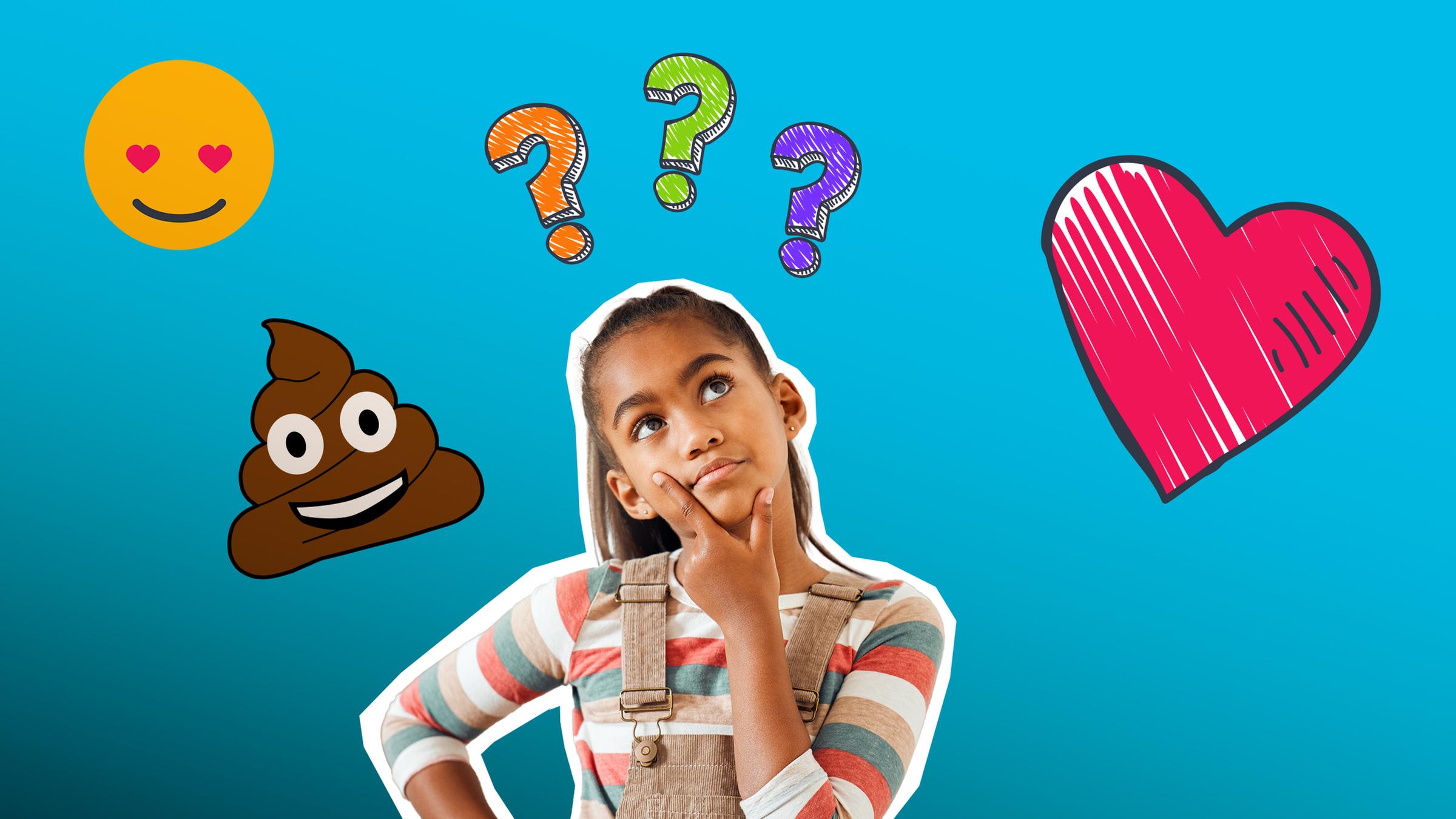 Mädchen überlegt vor blauem Hintergrund, über ihr bunte Fragezeichen, daneben unterschiedliche Emojis