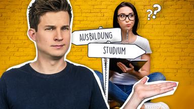 Eine junge Frau schaut nachdenklich, vor ihr zwei Schilder: Ausbildung, Schule. Links daneben logo!-Moderator Tim, der fragend schaut.