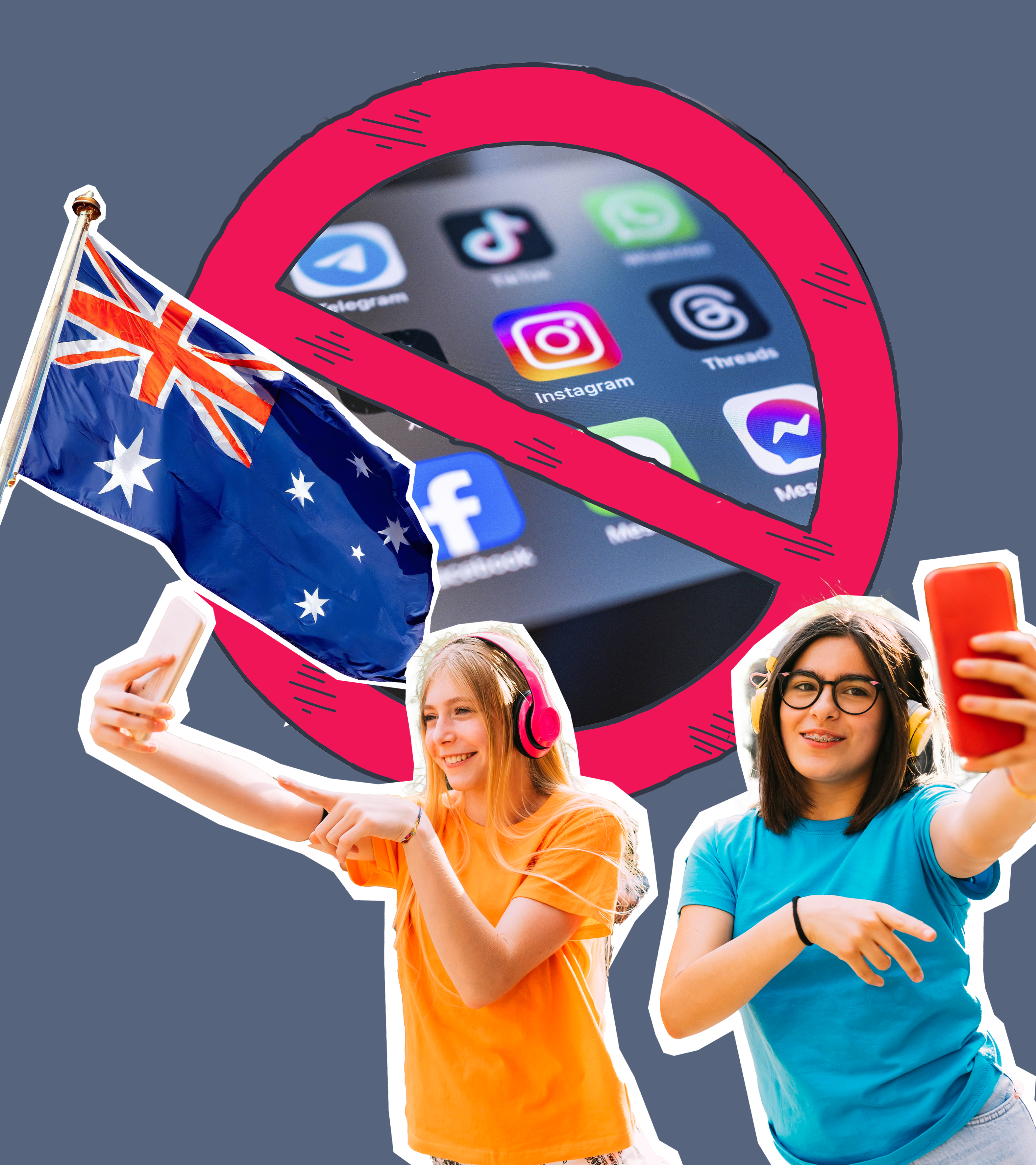 Großes Verbotszeichen mit Handy und Social-Media-Apps, dzau Jugendliche mit Handys und australiesche Flagge.