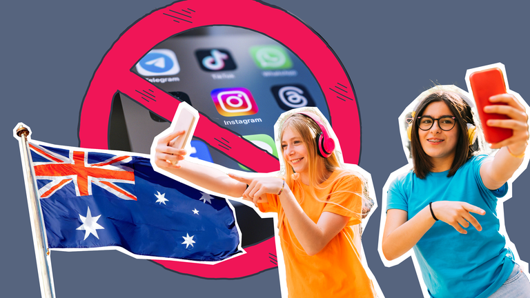Großes Verbotszeichen mit Handy und Social-Media-Apps, dzau Jugendliche mit Handys und australiesche Flagge.