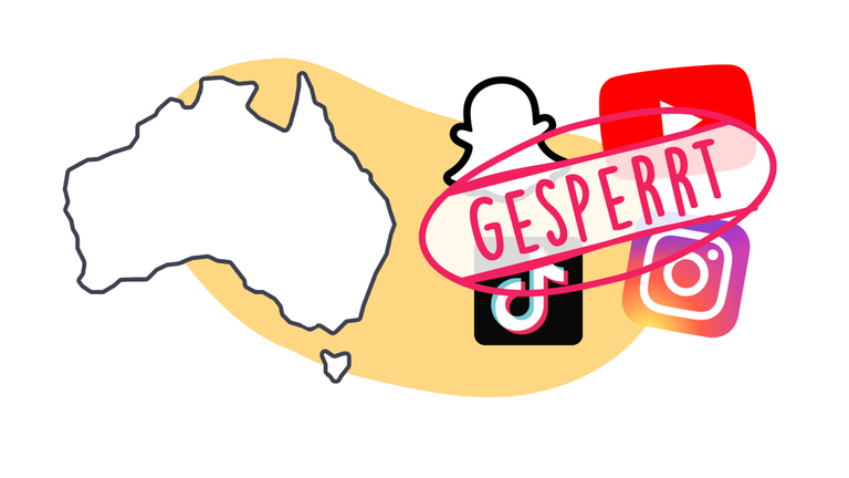 Das Logo von Snapchat, YouTube, TikTok und Instagram und darauf steht "gesperrt" sowie den Umriss von Australien.