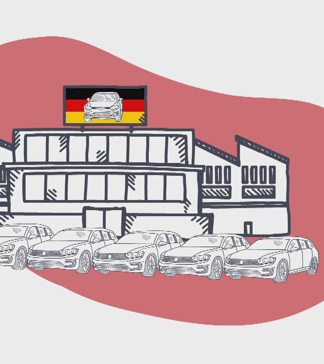 Grafik: Autofabrik, darübver Deutschlandfahne, davor Autos, daneben Ausrufezeichen