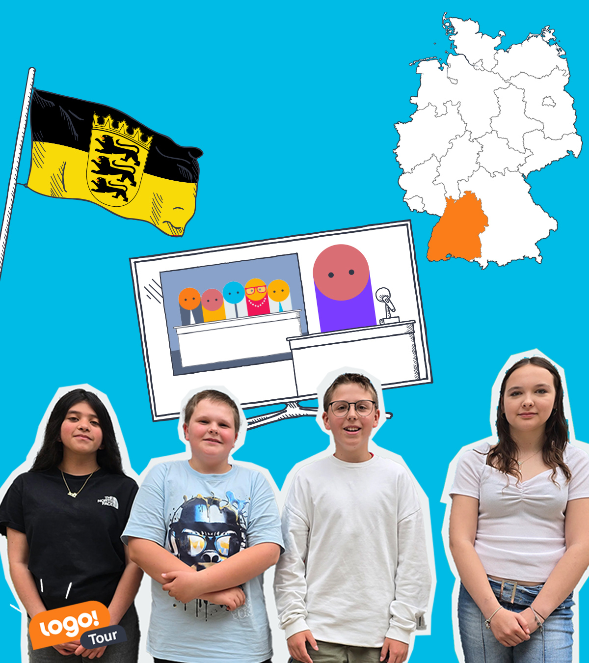 Baden-Württemberg Karte, Kinder, Flagge und Nachrichtensendung