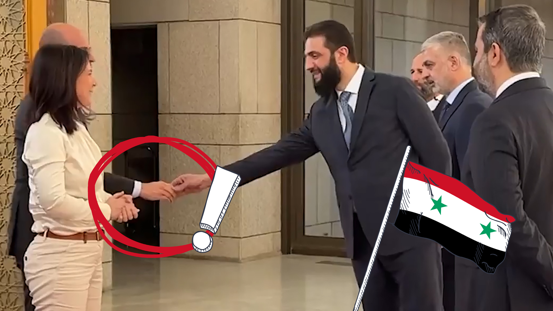 Außenministerin Annalena Baerbock (Bündnis 90/ Die Grünen) trifft sich mit dem neuen syrischen Machthaber Ahmed al-Scharaa. Verdeckt links neben ihr steht ihr französischer Amtskollege Jean-Noël Barrot, dem al-Scharaa die Hand gibt. Außenministerin Baerbock ist rund vier Wochen nach dem Sturz von Langzeit-Machthaber al-Assad zu einem überraschenden Besuch in Syrien. 