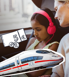 Ein Mädchen mit einer Frau in der Bahn. Dazu ein Symbol für Geld und ein Bild von einem ICE. 