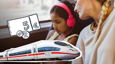 Ein Mädchen mit einer Frau in der Bahn. Dazu ein Symbol für Geld und ein Bild von einem ICE. 