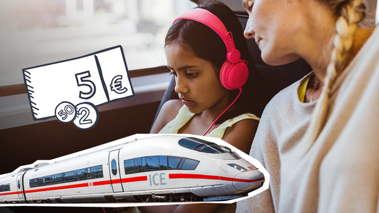Ein Mädchen mit einer Frau in der Bahn. Dazu ein Symbol für Geld und ein Bild von einem ICE. 