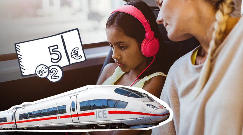 Ein Mädchen mit einer Frau in der Bahn. Dazu ein Symbol für Geld und ein Bild von einem ICE. 