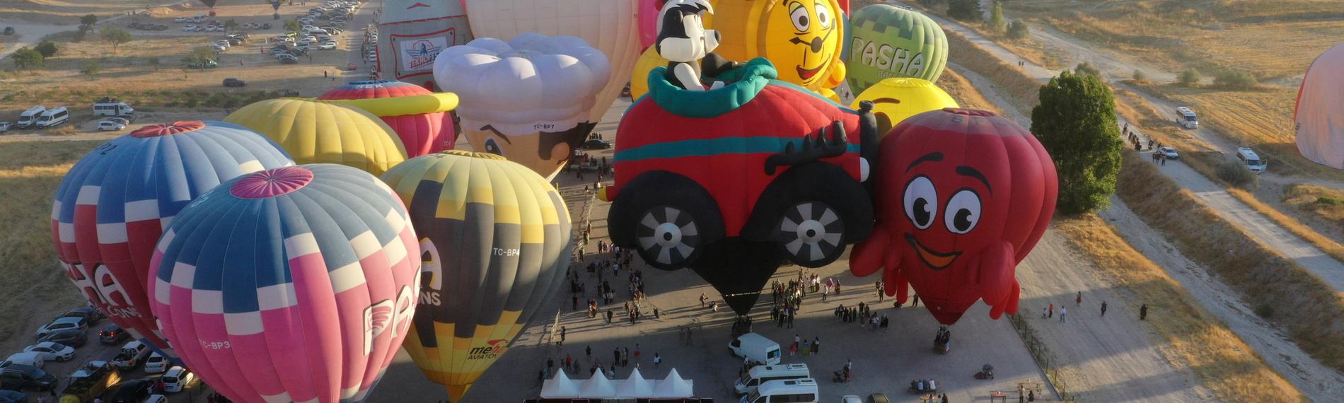 Zahlreiche bunte Heißluftballons fliegen in einer ländlichen Gegend durch die Luft. 