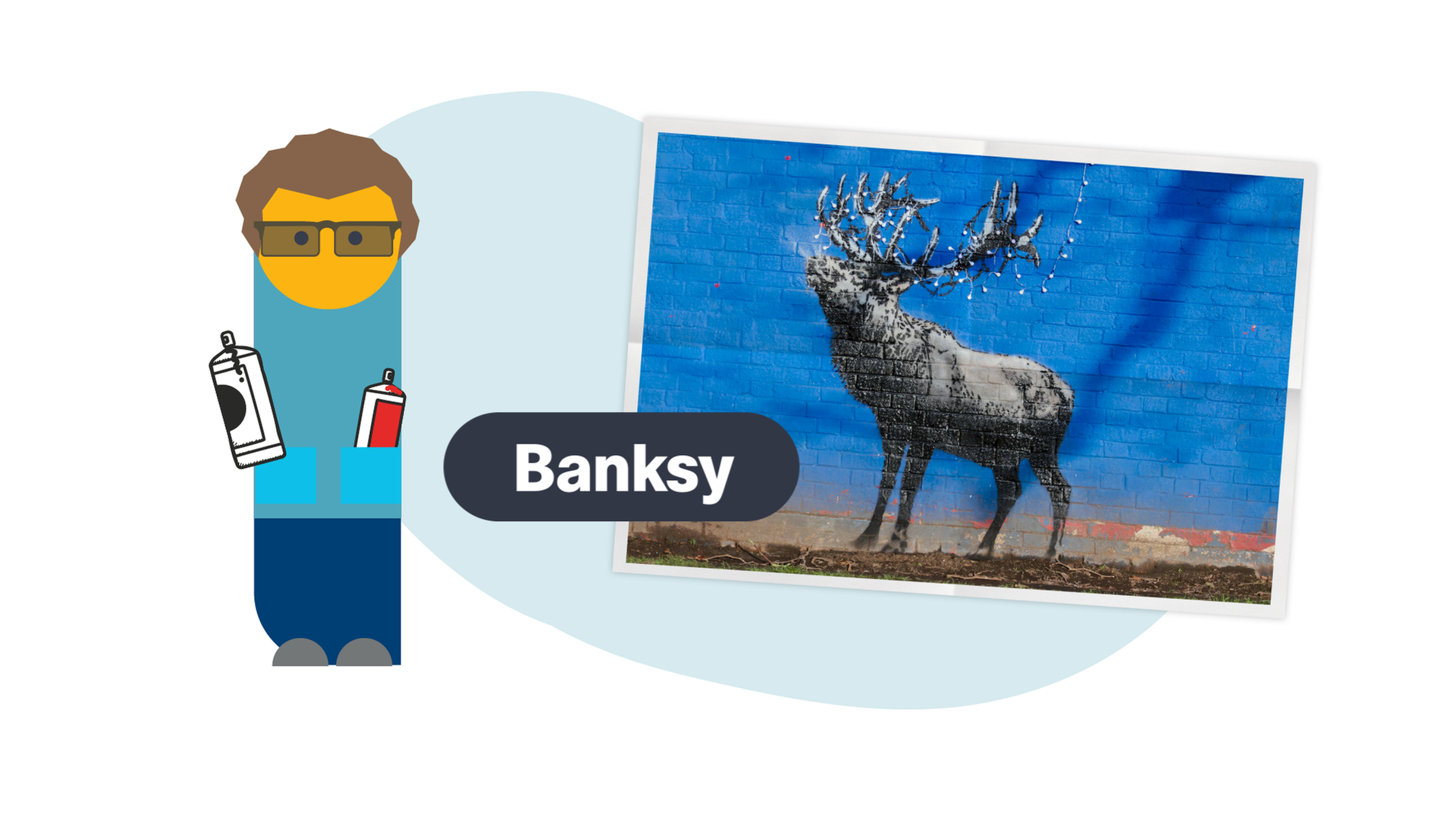 Grafik: Banksy als Emo-Figur mit Spraydose, dahinter Kunstwerk