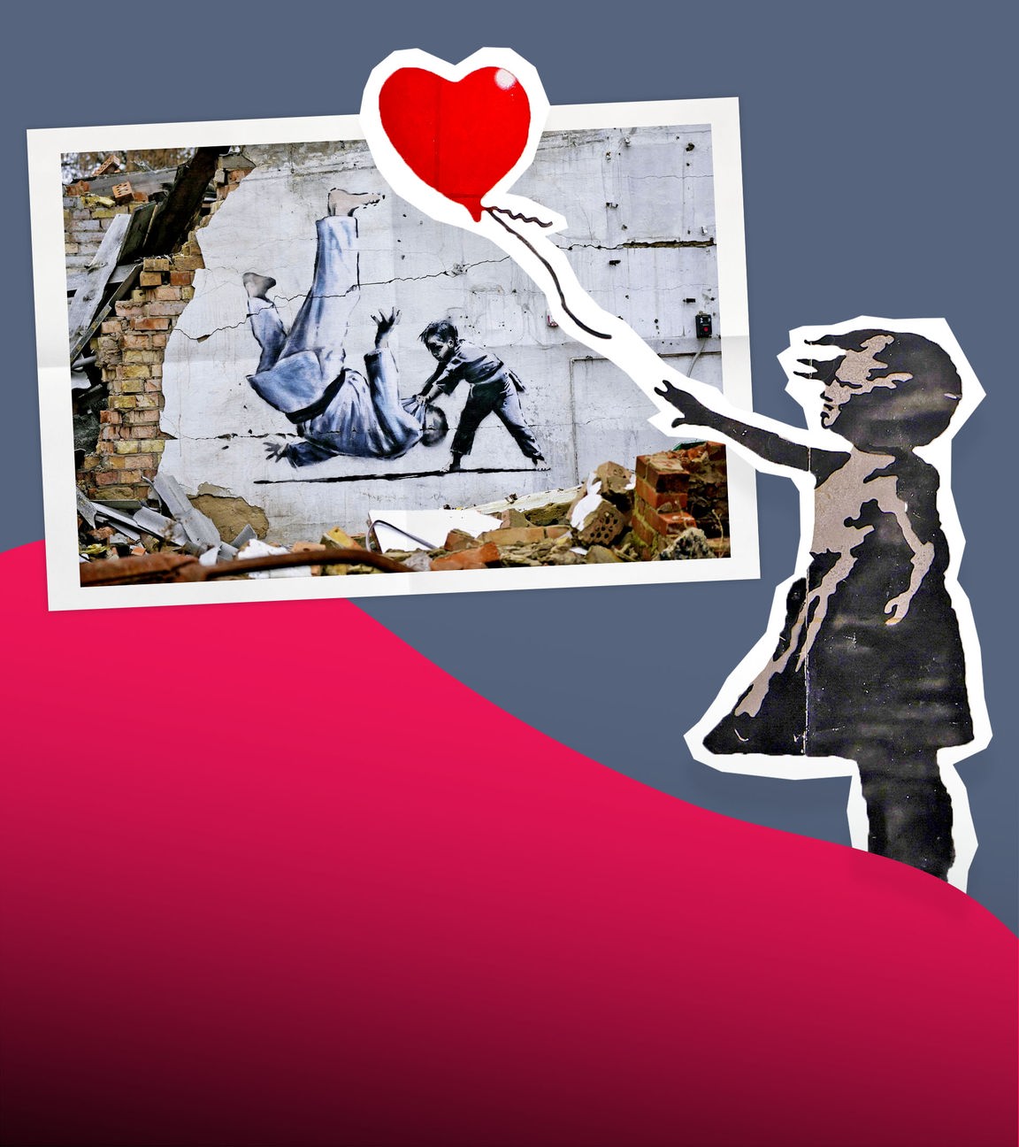 Grafik: Zwei Kunstwerke Banksys (Mädchen mit Herzluftballon und Judo-Szene) als Cutout auf blau-rotem Hintergrund
