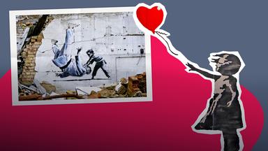 Grafik: Zwei Kunstwerke Banksys (Mädchen mit Herzluftballon und Judo-Szene) als Cutout auf blau-rotem Hintergrund