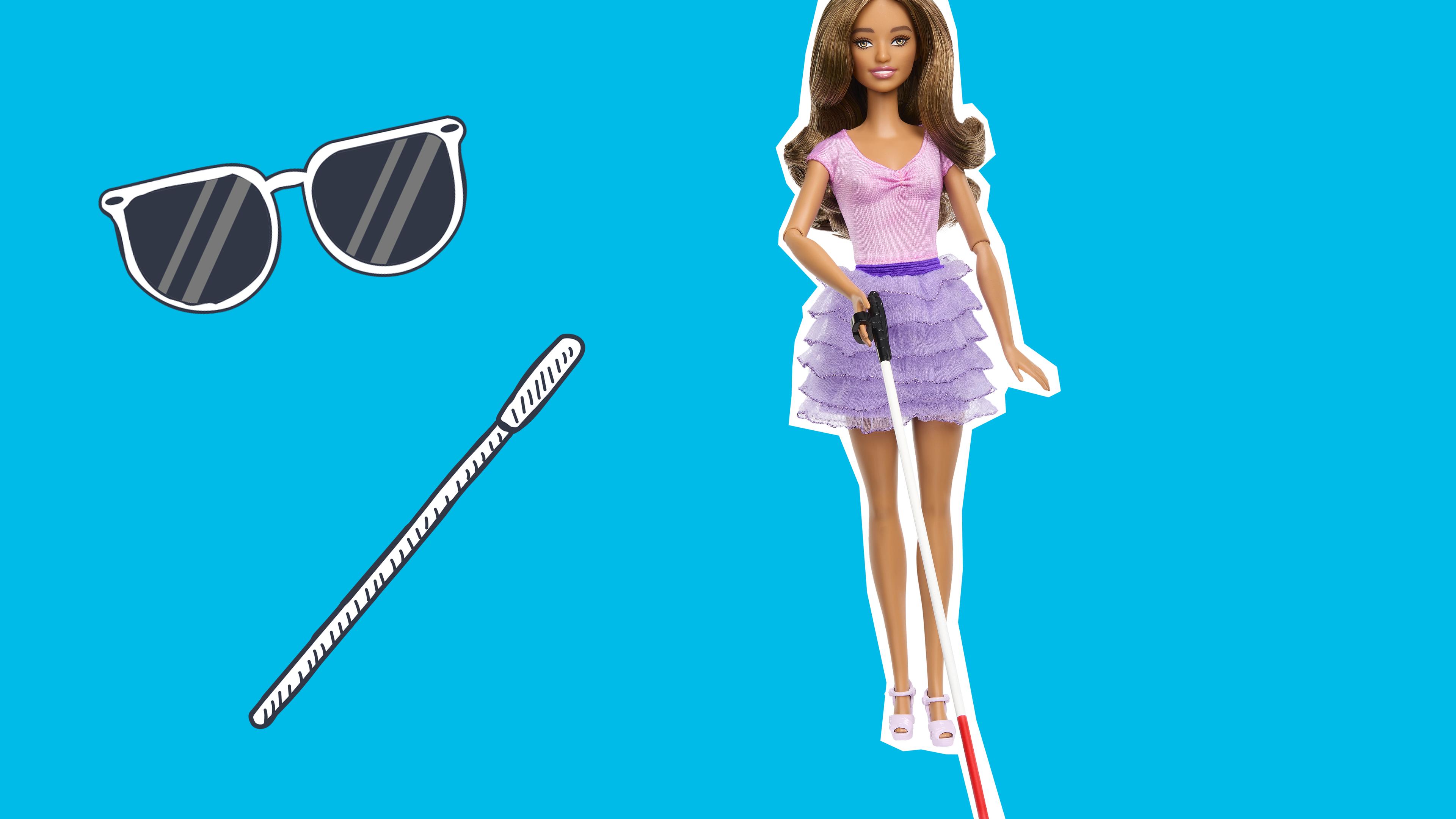 Blinde Barbie mit Stock und Sonnenbrille
