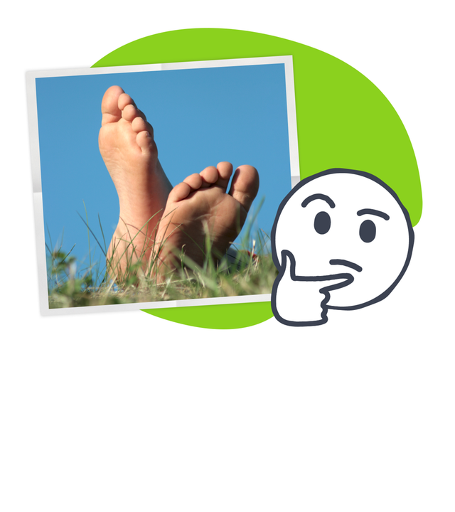 Eine Collage zeig auf weißem und grünen Hintergrund ein fragendes Emoji und ein Foto von zwei Füßen.