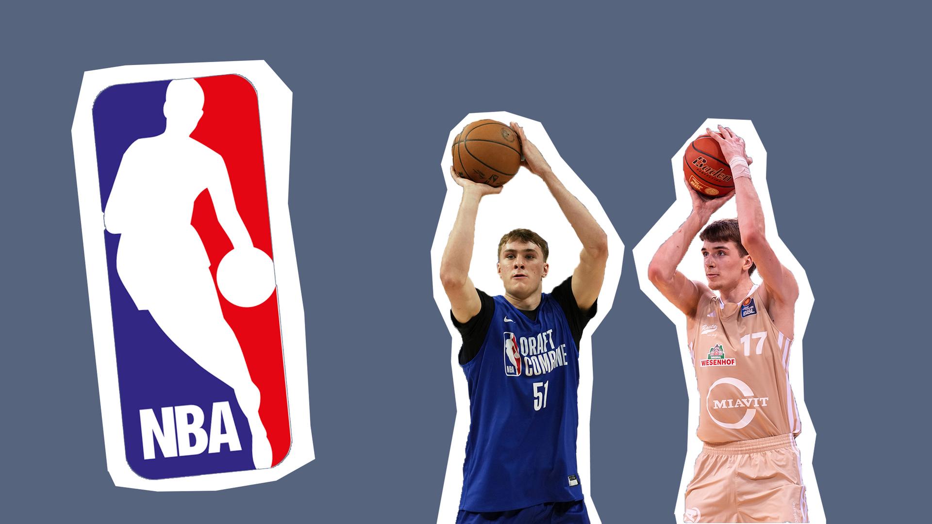 NBA Logo mit den Basketball-Spielern Cooper Flagg und Johann Grünloh.