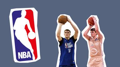NBA Logo mit den Basketball-Spielern Cooper Flagg und Johann Grünloh.