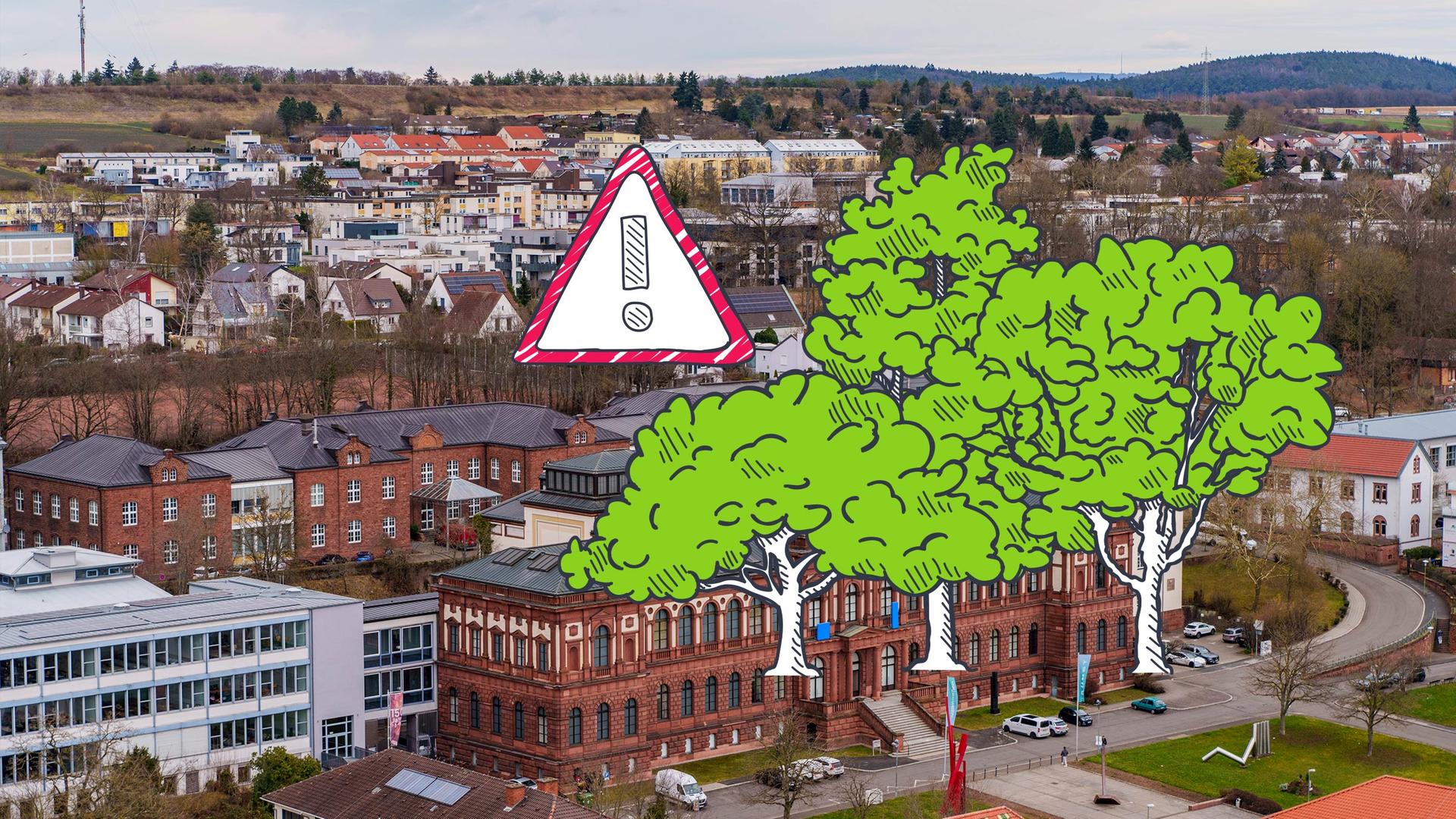 Stadt im Hintergrund, davor grafische Bäume mit Warnschild