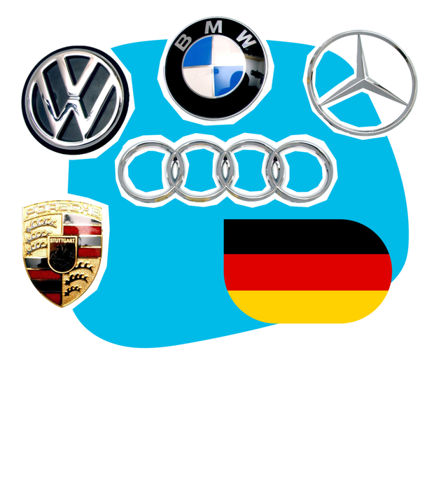 Collage: Weißer Hintergrud mit blauem Kreis, auf dem sind die Logos deutscher Autohersteller zu sehen: BMW, Porsche, Audi, Mercedes, VW und eine Deutschlandflagge.