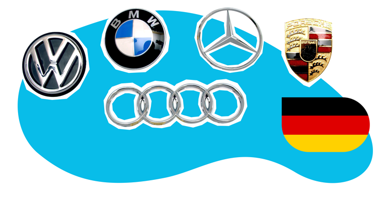Collage: Weißer Hintergrud mit blauem Kreis, auf dem sind die Logos deutscher Autohersteller zu sehen: BMW, Porsche, Audi, Mercedes, VW und eine Deutschlandflagge.
