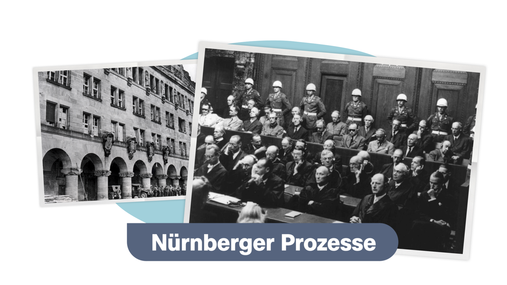 Man sieht einen weißen Hintergrund, auf dem zwei alte schwarz-weiß Fotos mit weißem Rahmen sind. Auf dem Linken Foto ist ein Gebäude abgebildet, es sieht nach einem Amt, oder Rathaus aus. Auf dem rechten Foto sind mehrere Reihen Männer zu sehen, die in einem Gerichtssaal sitzen, hinter ihnen stehen Männer in Uniform. 