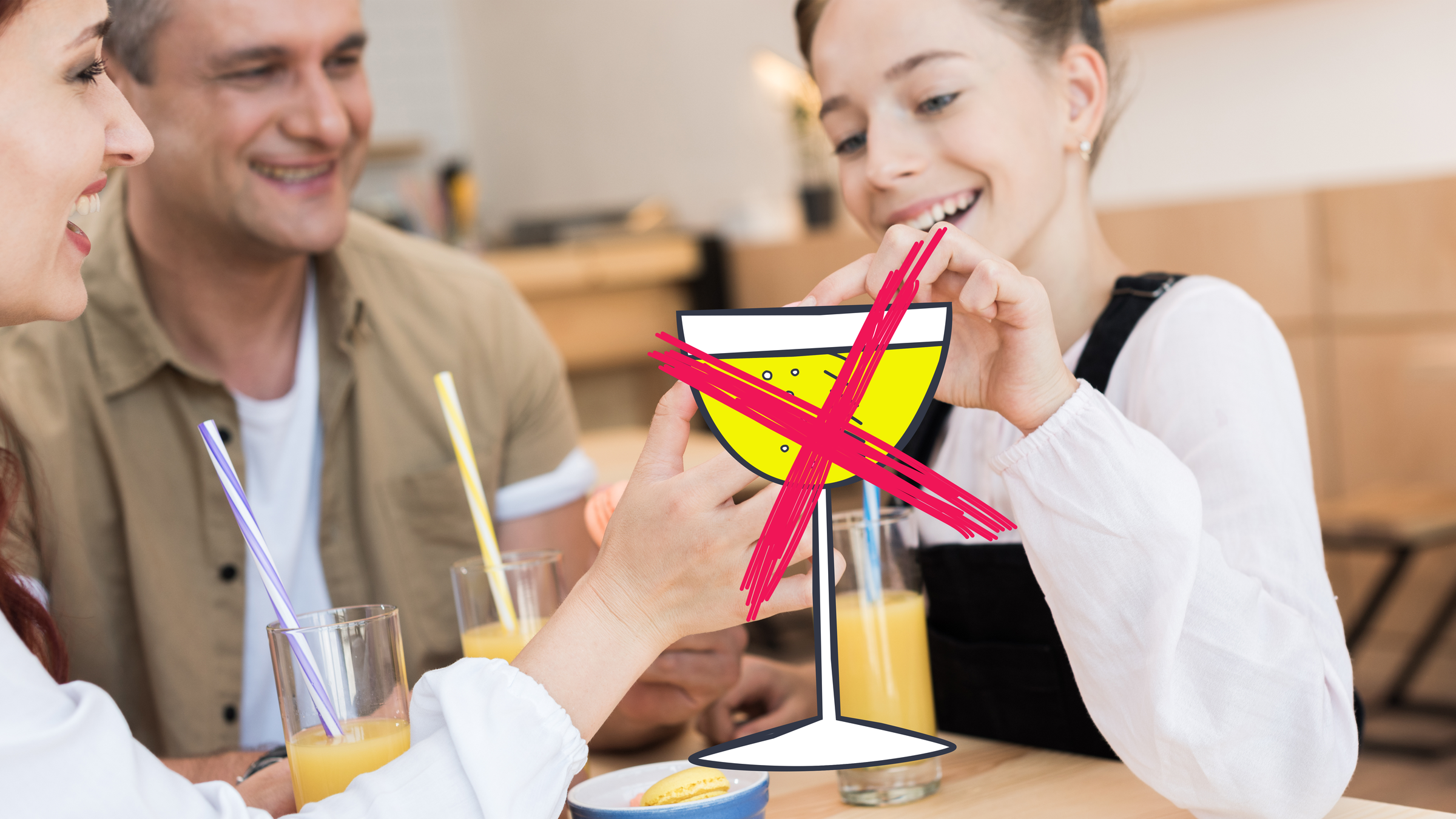 Jugendliche mit ihren Eltern im Restaurant, Grafik von durchgestrichenenem alkoholischem Getränk