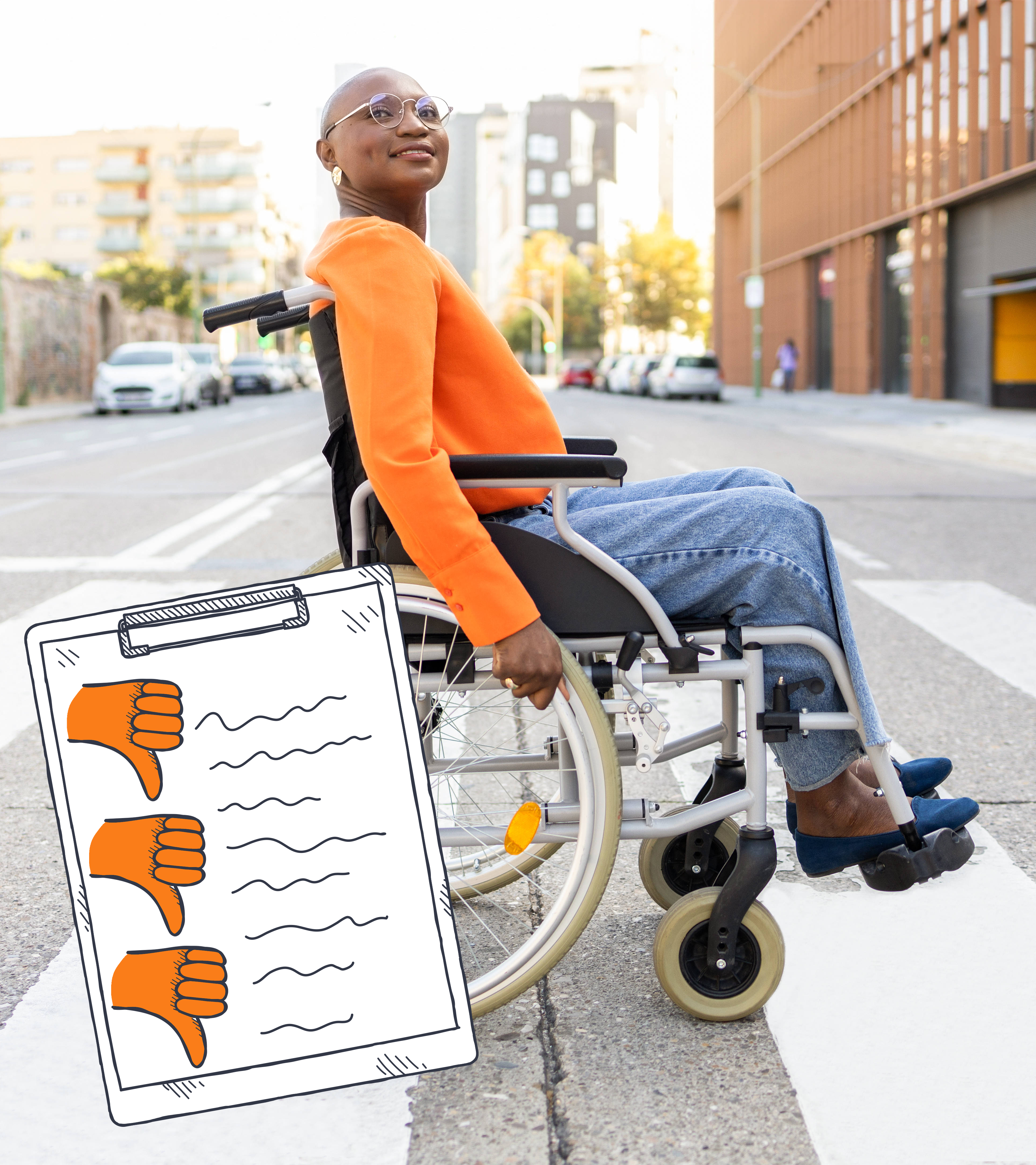 Eine junge Frau im Rollstuhl mit einer Grafik von einer Befragung mit drei Daumen runter.