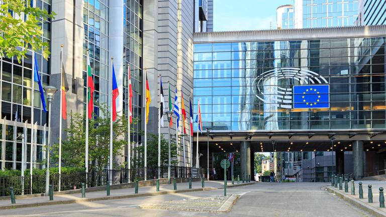 Ein Haus mit vielen Europäischen Flaggen davor