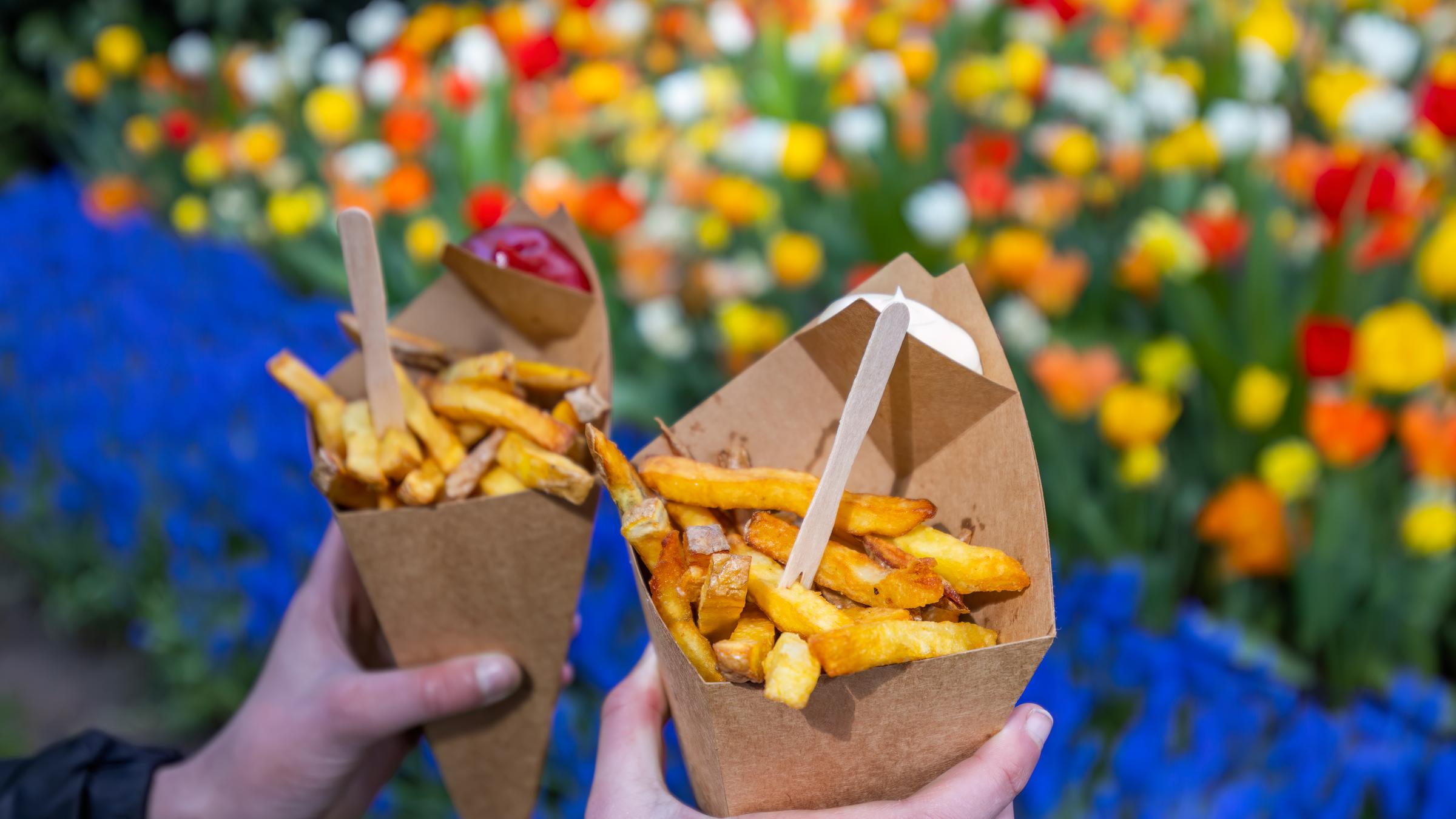 Zwei Tüten mit echten belgischen Pommes vor einer großen Blumenwiese