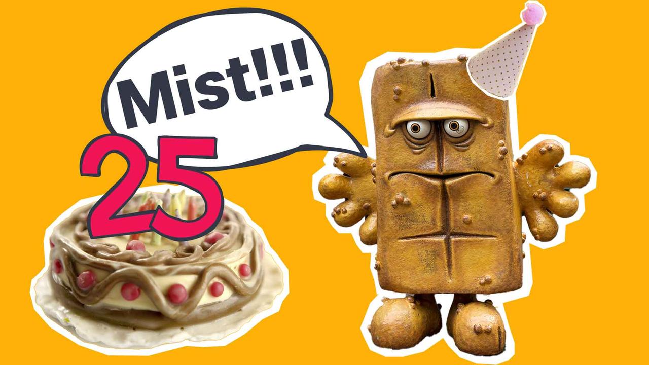 Bernd das Brot mit Geburtstagstorte und einer 25, er sagt "Mist!!!"