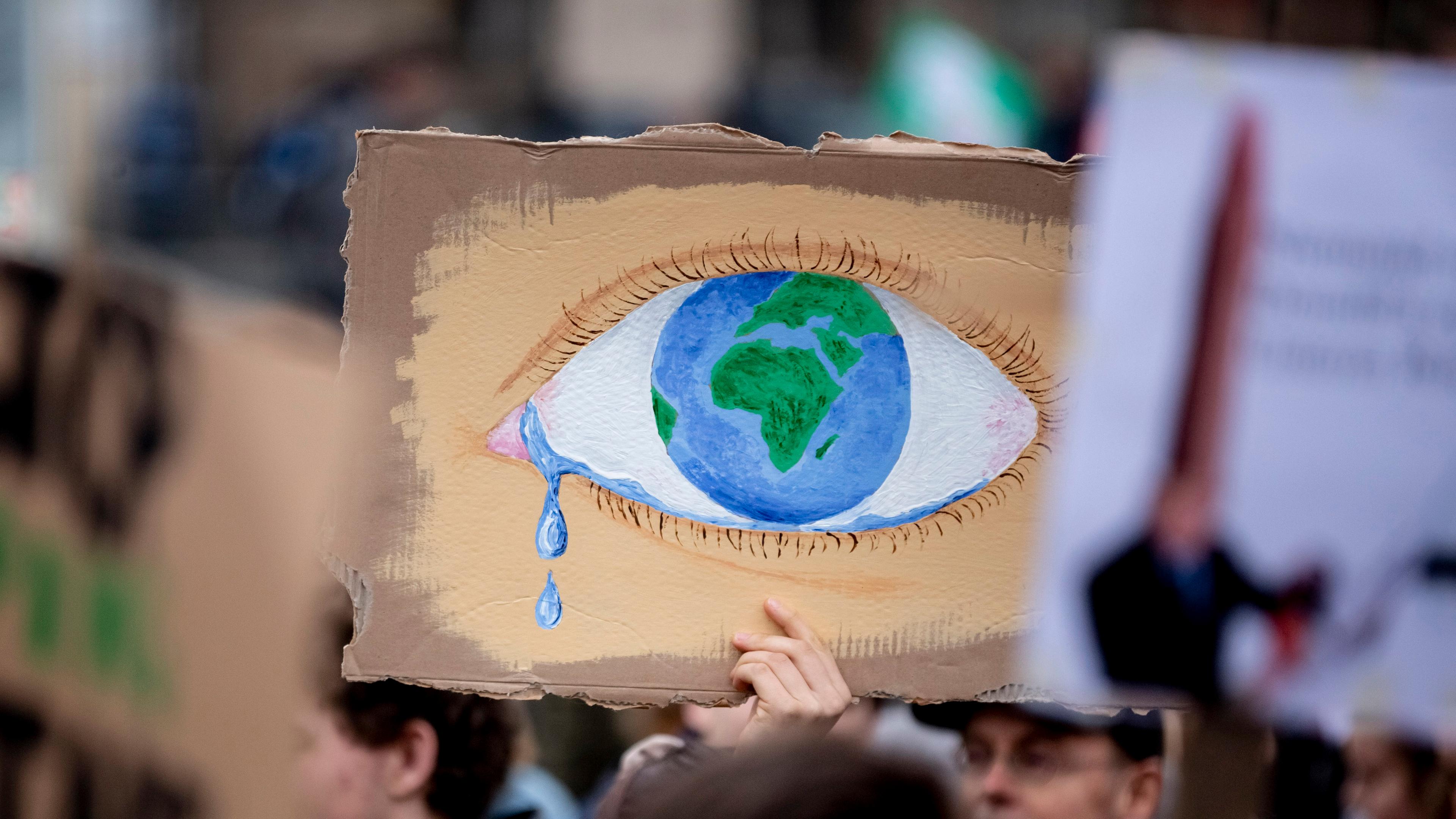 Ein weinendes Auge mit der Erde als Iris ist auf ein Plakat aufgemalt.