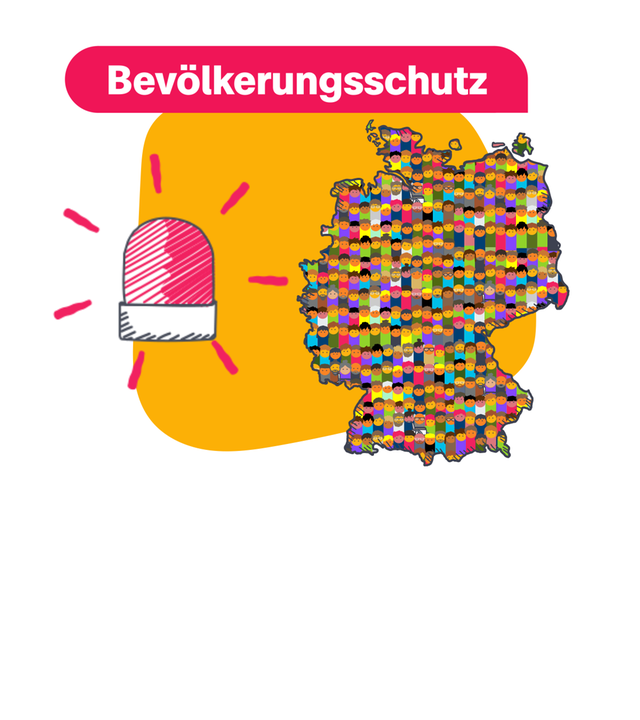 Grafik: Deutschlandkarte mit Emos, daneben Alarmsymbol, darüber Schrift "Bevölkerungschutz"