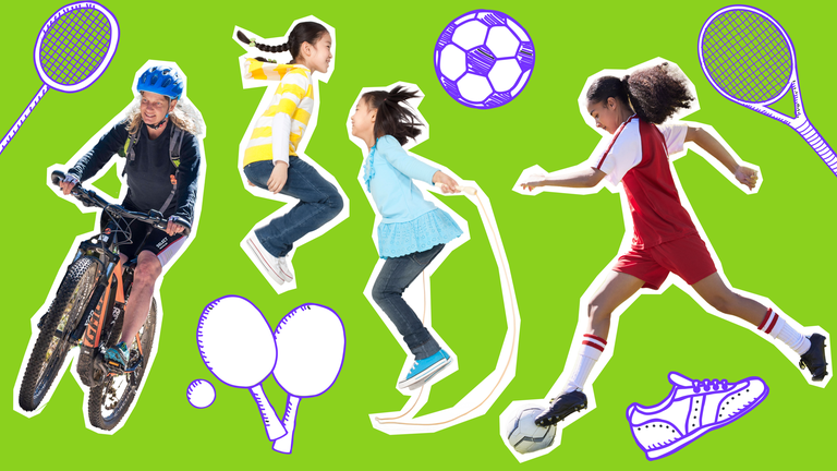 Ein Fahrrad fahrendes Mädchen, zwei Mädchen, die Seil springen und eine Fußballerin, daneben Sportutensilien