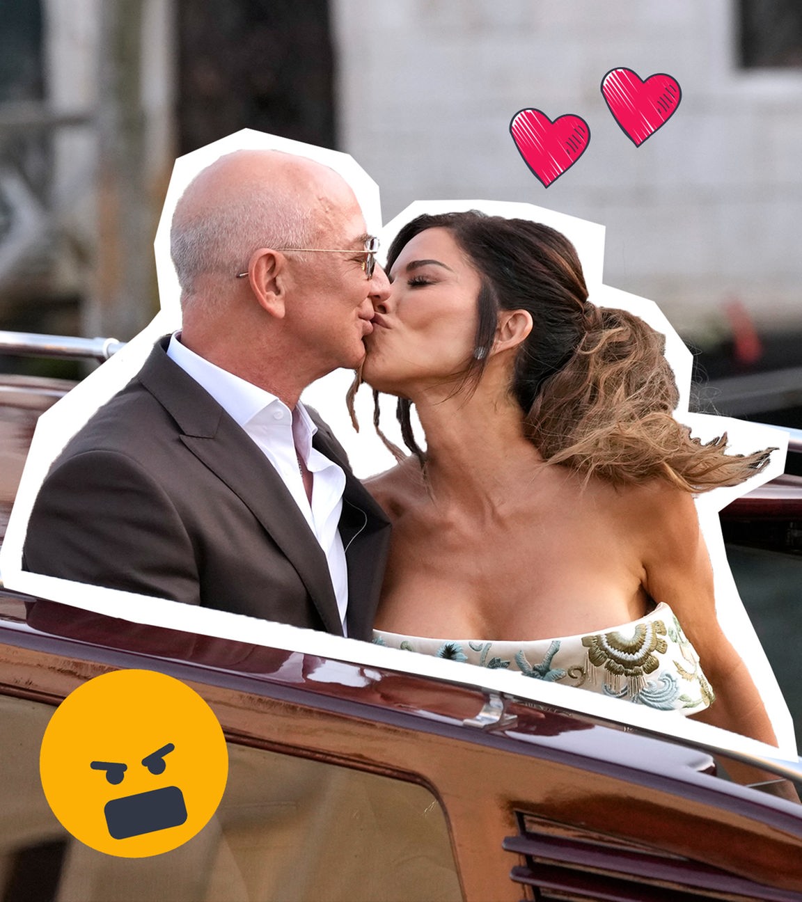 Jeff Bezos (l) und Lauren Sanchez als sie ein Hotel für ihren Hochzeitsempfang verlassen. Sie küssen sich.