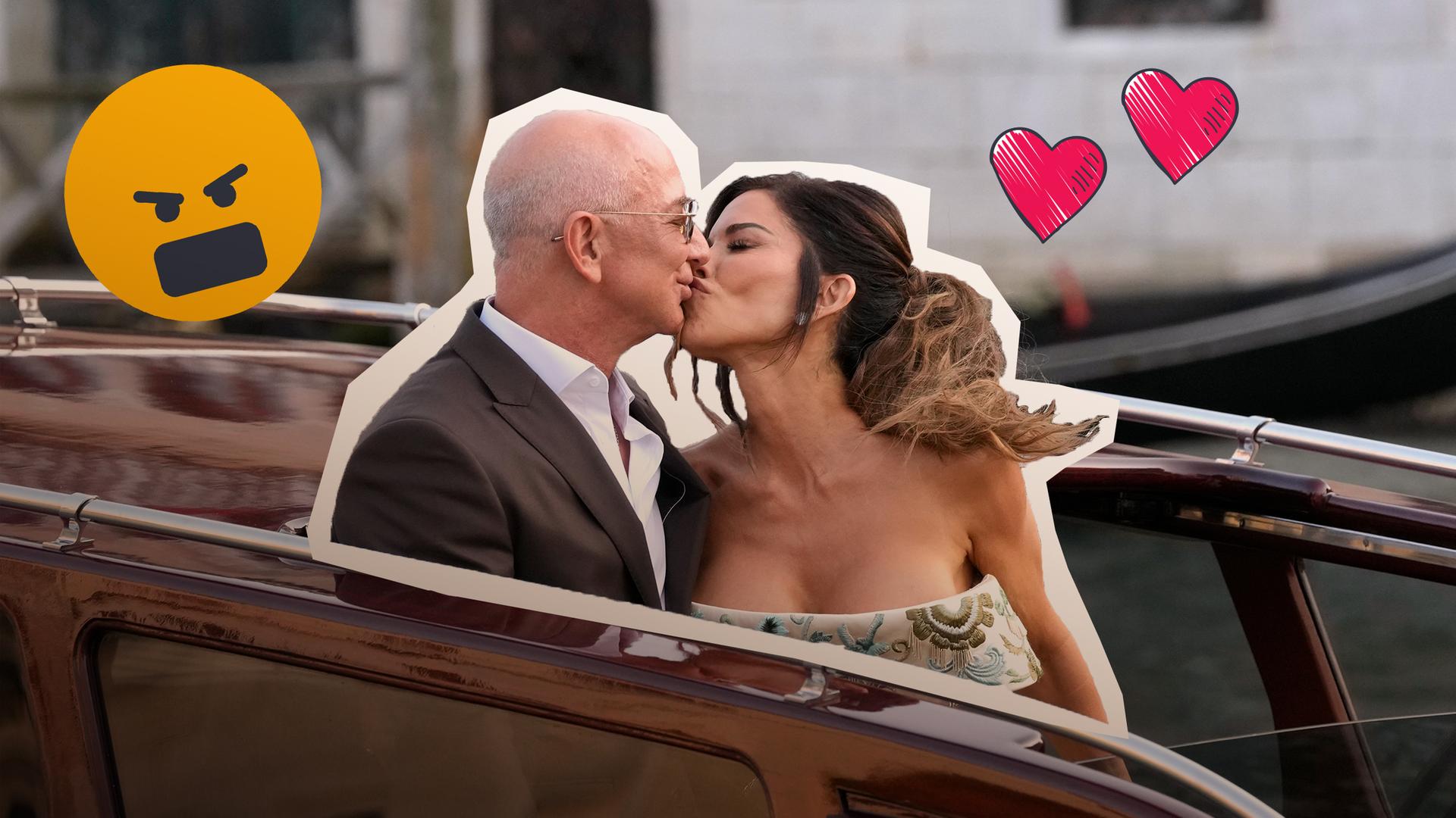 Jeff Bezos (l) und Lauren Sanchez als sie ein Hotel für ihren Hochzeitsempfang verlassen. Sie küssen sich.