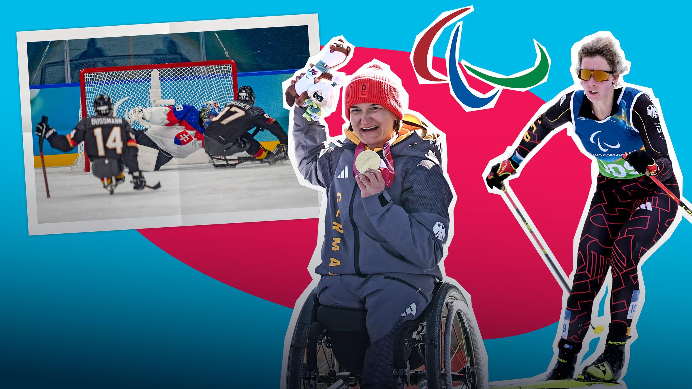 Bildcollage: Drei Para-Sportler und das Paralympics-Logo vor blau-rotem Hintergrund